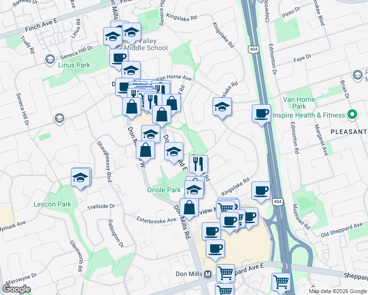 map of restaurants, bars, coffee shops, grocery stores, and more near 55 Godstone Road in Toronto