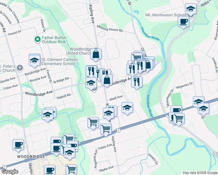 map of restaurants, bars, coffee shops, grocery stores, and more near in Vaughan