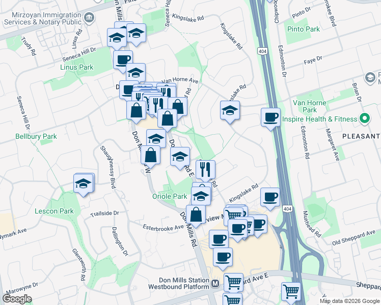 map of restaurants, bars, coffee shops, grocery stores, and more near 55 Godstone Road in Toronto
