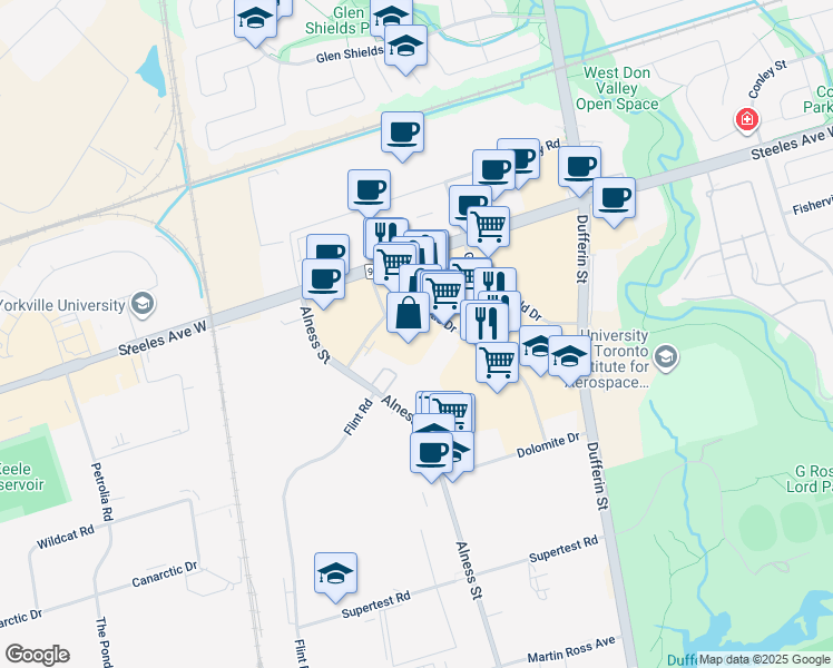 map of restaurants, bars, coffee shops, grocery stores, and more near 636 Magnetic Drive in Toronto