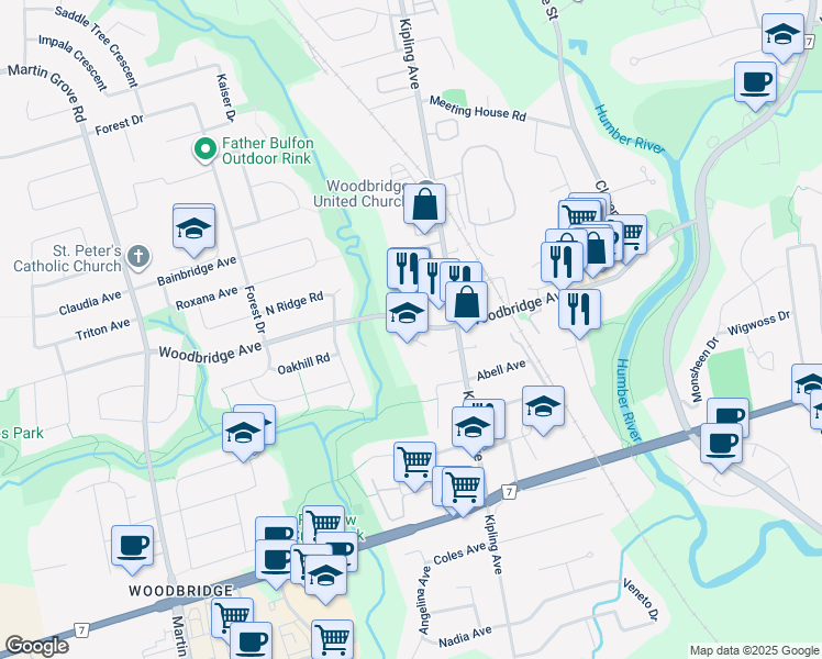 map of restaurants, bars, coffee shops, grocery stores, and more near 383 Woodbridge Avenue in Vaughan