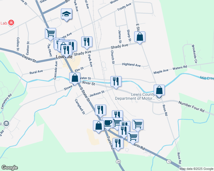 map of restaurants, bars, coffee shops, grocery stores, and more near 5503 County Road 22 in Lowville