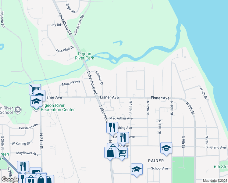 map of restaurants, bars, coffee shops, grocery stores, and more near 3616 North 14th Street in Sheboygan