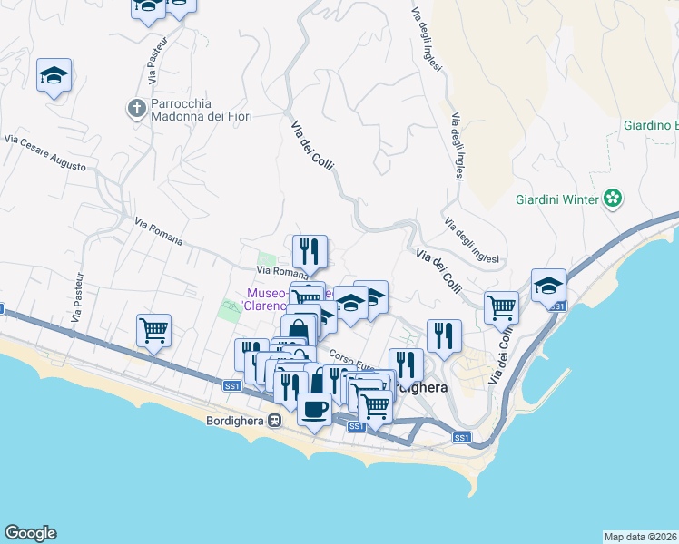 map of restaurants, bars, coffee shops, grocery stores, and more near 19 Via Vallone in Bordighera