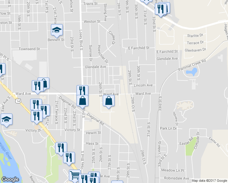 map of restaurants, bars, coffee shops, grocery stores, and more near 2707 Ward Avenue in La Crosse