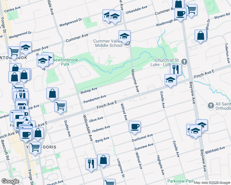 map of restaurants, bars, coffee shops, grocery stores, and more near 189 Pemberton Avenue in Toronto