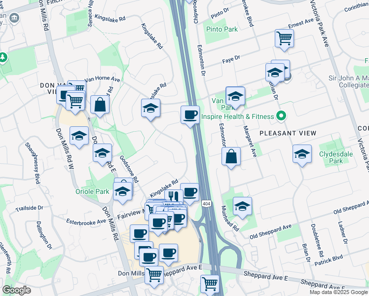 map of restaurants, bars, coffee shops, grocery stores, and more near 63 Kingslake Road in Toronto