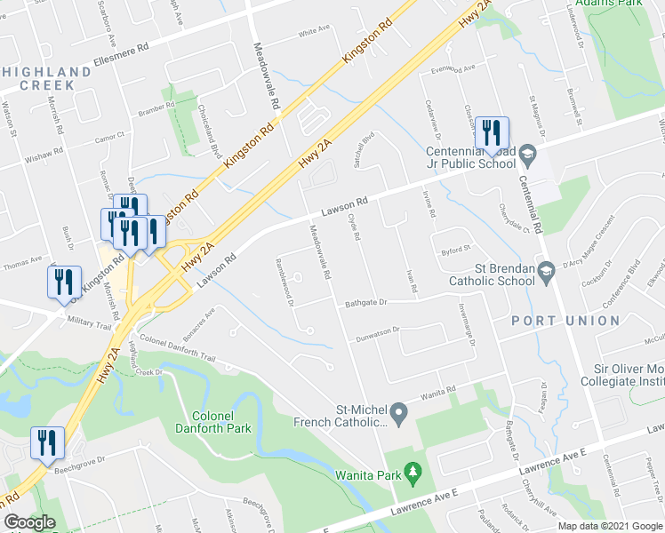 map of restaurants, bars, coffee shops, grocery stores, and more near 147 Meadowvale Road in Toronto