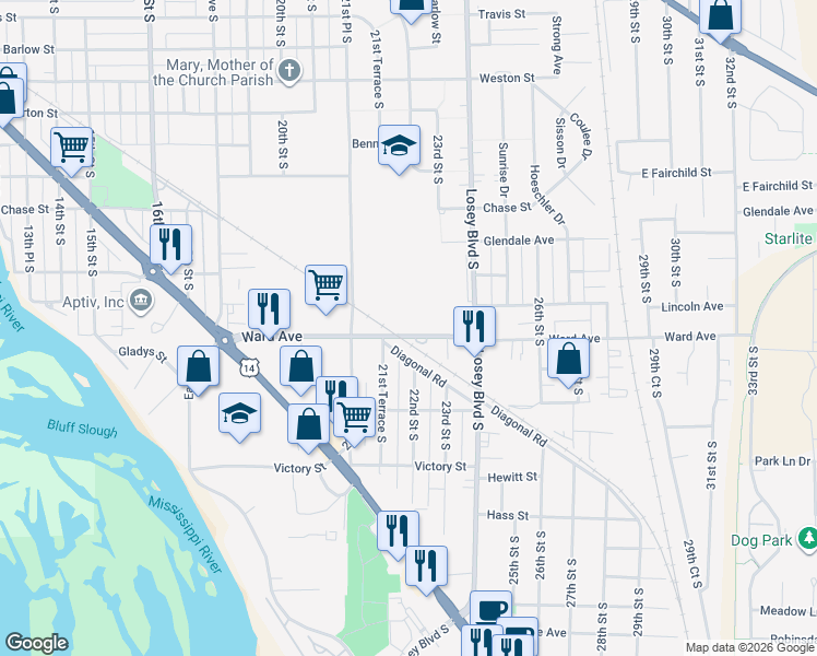 map of restaurants, bars, coffee shops, grocery stores, and more near 2149 Ward Avenue in La Crosse