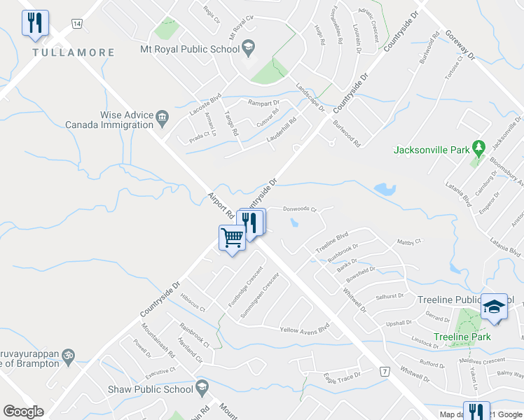 map of restaurants, bars, coffee shops, grocery stores, and more near 63 Donwoods Court in Brampton