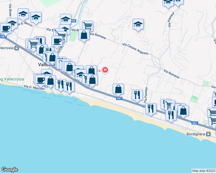 map of restaurants, bars, coffee shops, grocery stores, and more near 9 Via Giulio Cesare in Bordighera