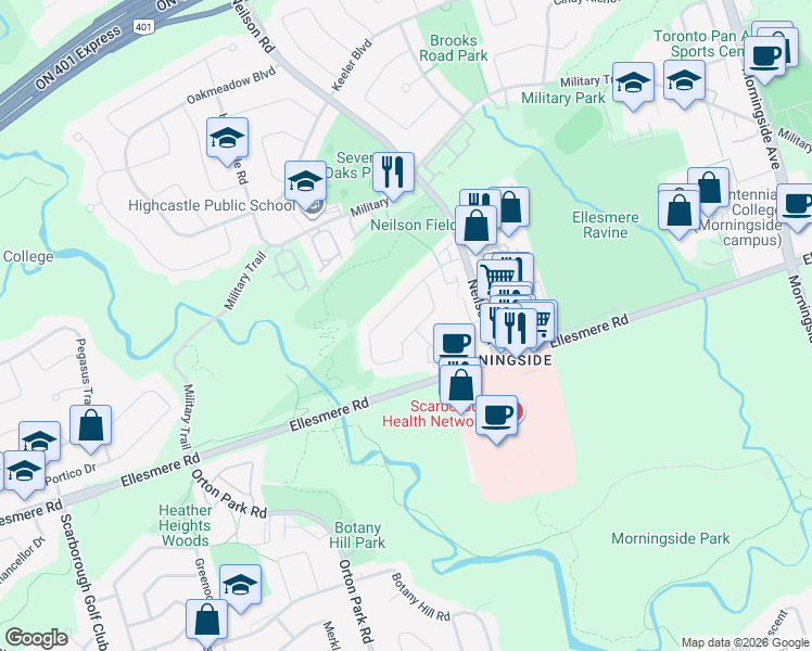 map of restaurants, bars, coffee shops, grocery stores, and more near 29 Purpledusk Trail in Toronto