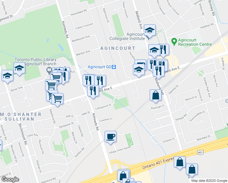 map of restaurants, bars, coffee shops, grocery stores, and more near in Toronto