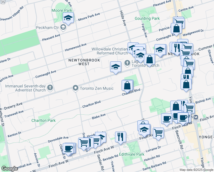 map of restaurants, bars, coffee shops, grocery stores, and more near in Toronto