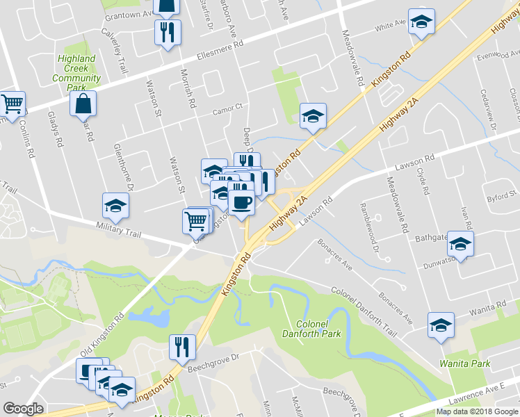 map of restaurants, bars, coffee shops, grocery stores, and more near 6075 Kingston Road in Toronto