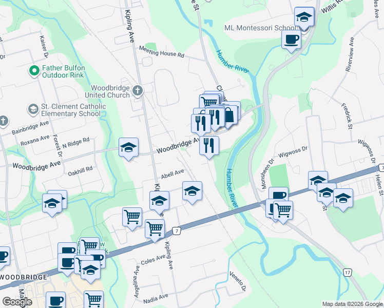 map of restaurants, bars, coffee shops, grocery stores, and more near 37 Old Firehall Lane in Vaughan