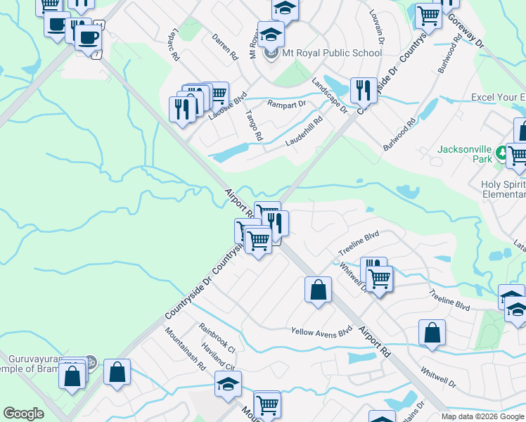 map of restaurants, bars, coffee shops, grocery stores, and more near 3024 Countryside Drive in Brampton