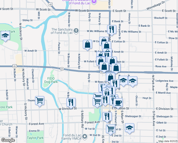map of restaurants, bars, coffee shops, grocery stores, and more near 97 West Johnson Street in Fond du Lac