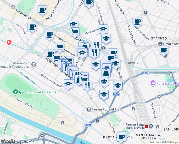 map of restaurants, bars, coffee shops, grocery stores, and more near 25-27 Via Giuseppe Galliano in Florence
