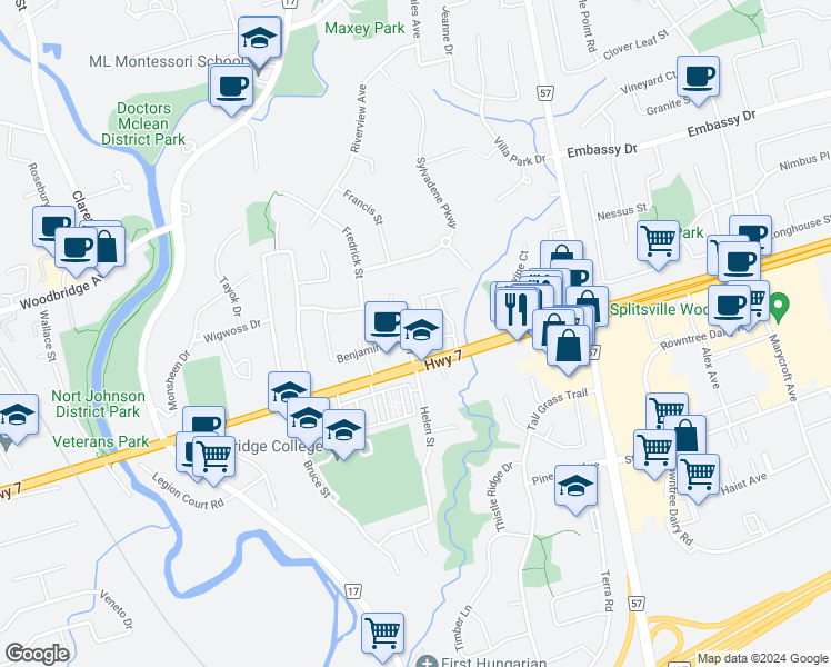 map of restaurants, bars, coffee shops, grocery stores, and more near 24 Wigwoss Drive in Vaughan