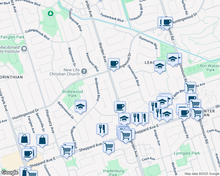 map of restaurants, bars, coffee shops, grocery stores, and more near 45 Richbourne Court in Toronto