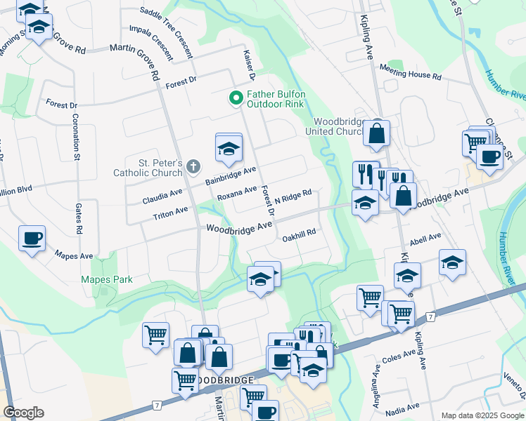 map of restaurants, bars, coffee shops, grocery stores, and more near 11 Northlane Road in Vaughan