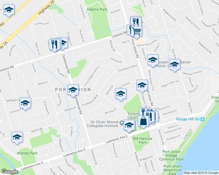 map of restaurants, bars, coffee shops, grocery stores, and more near 16 Elkwood Drive in Toronto