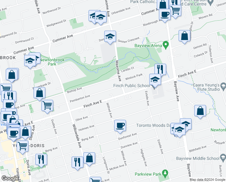 map of restaurants, bars, coffee shops, grocery stores, and more near 215 Pemberton Avenue in Toronto
