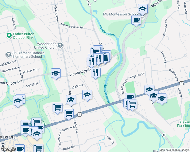map of restaurants, bars, coffee shops, grocery stores, and more near 33 Wallace Street in Vaughan