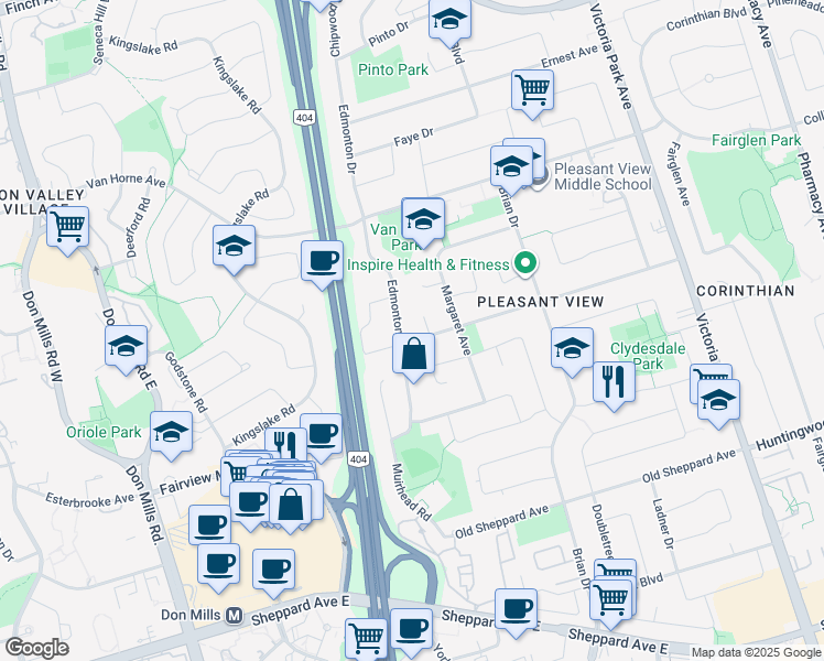 map of restaurants, bars, coffee shops, grocery stores, and more near in Toronto