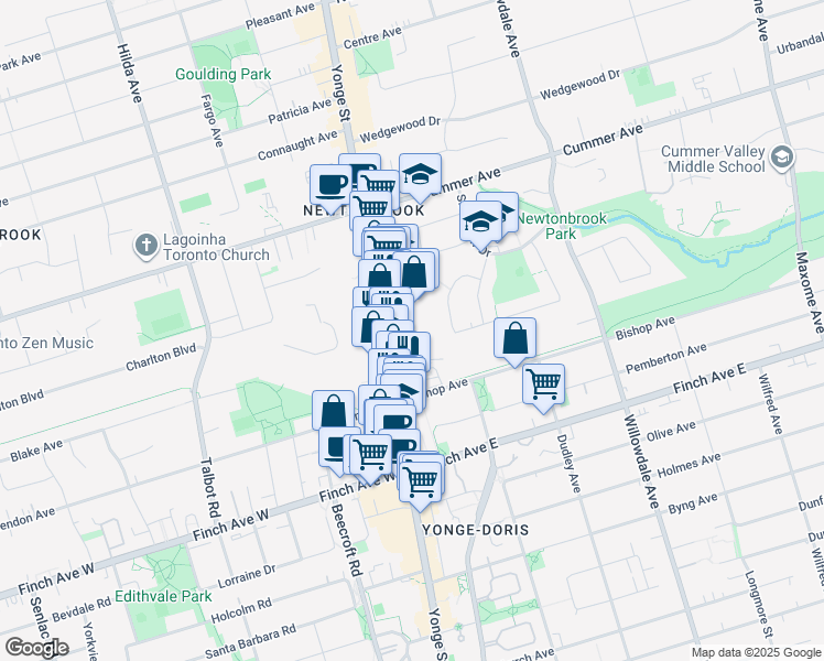 map of restaurants, bars, coffee shops, grocery stores, and more near 5775 Yonge Street in Toronto