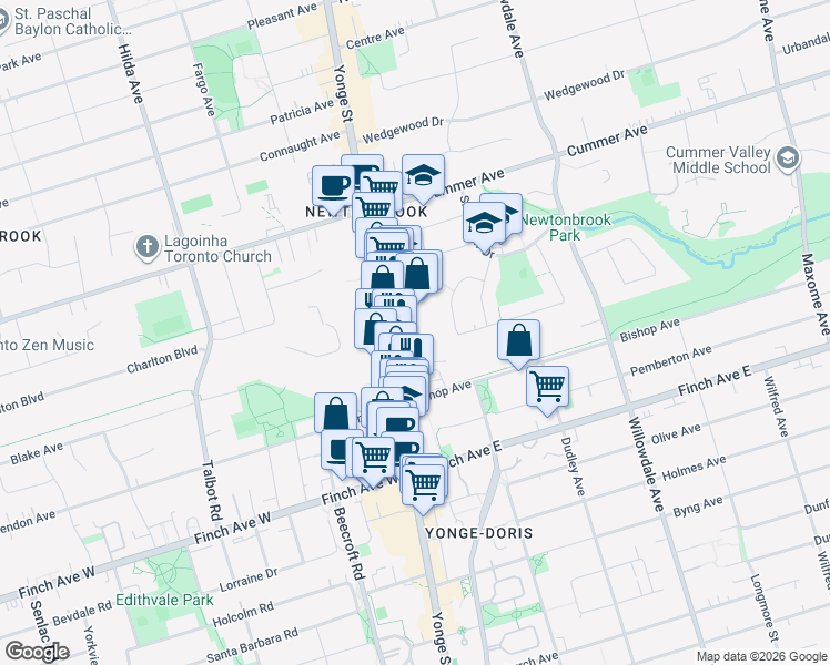 map of restaurants, bars, coffee shops, grocery stores, and more near 5785 Yonge Street in Toronto