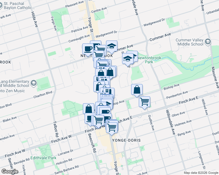 map of restaurants, bars, coffee shops, grocery stores, and more near in Toronto