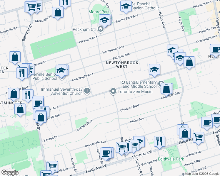 map of restaurants, bars, coffee shops, grocery stores, and more near 376 Drewry Avenue in Toronto