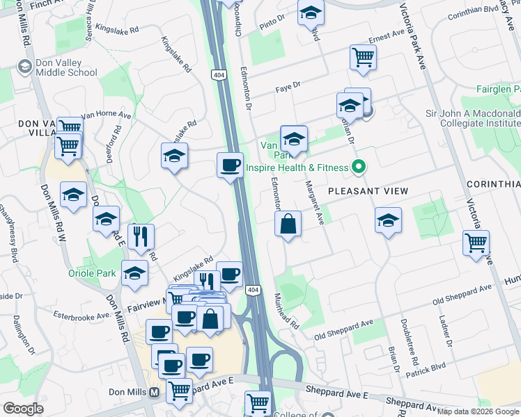 map of restaurants, bars, coffee shops, grocery stores, and more near 14 Squirewood Road in Toronto