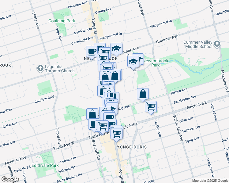 map of restaurants, bars, coffee shops, grocery stores, and more near 5785 Yonge Street in Toronto