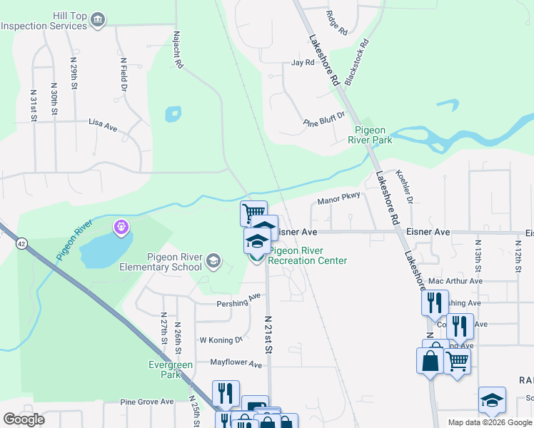 map of restaurants, bars, coffee shops, grocery stores, and more near 3606 Mill Road in Sheboygan