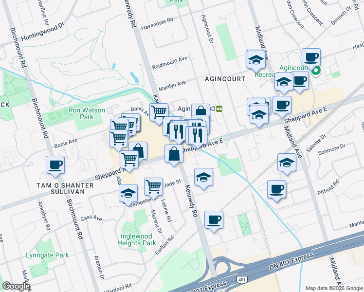map of restaurants, bars, coffee shops, grocery stores, and more near 4002 Sheppard Avenue East in Toronto