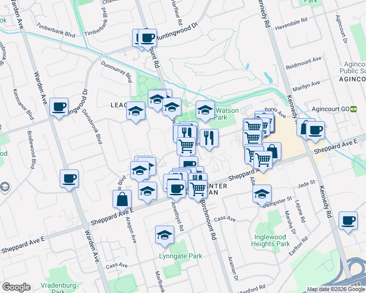 map of restaurants, bars, coffee shops, grocery stores, and more near 12 Bonis Avenue in Toronto