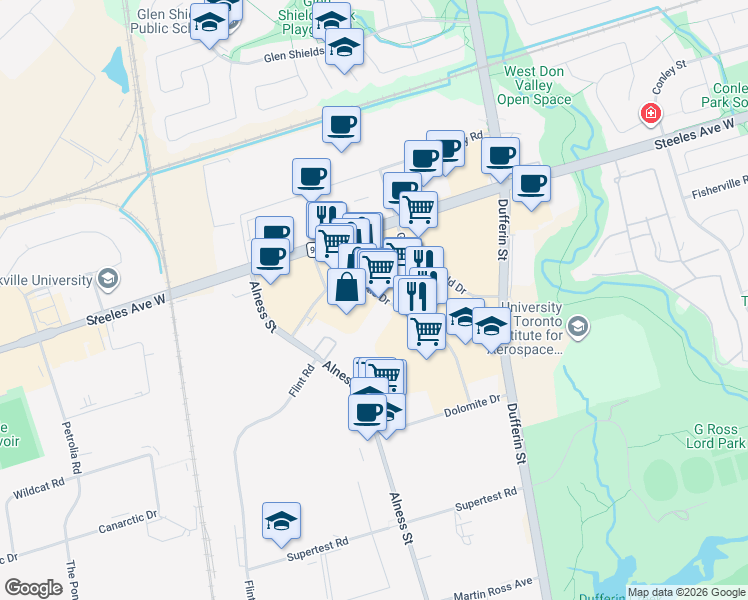 map of restaurants, bars, coffee shops, grocery stores, and more near 654 Magnetic Drive in Toronto