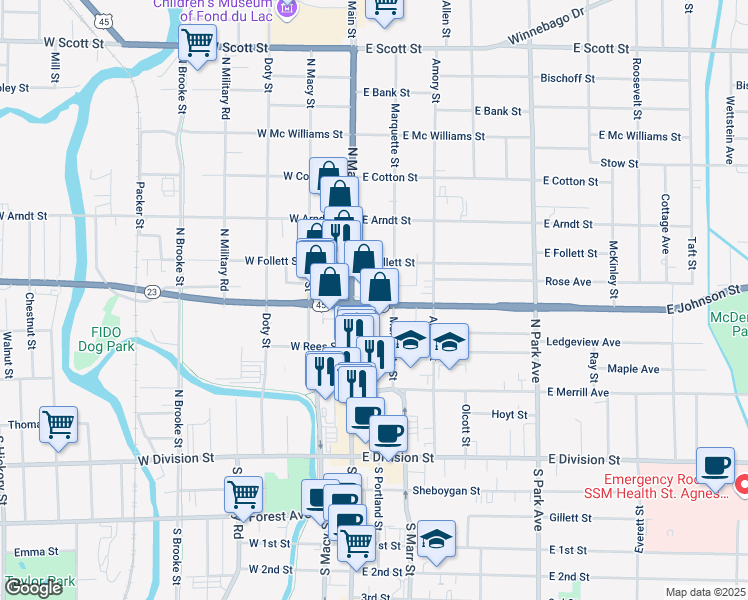 map of restaurants, bars, coffee shops, grocery stores, and more near 23 Wisconsin 23 in Fond du Lac