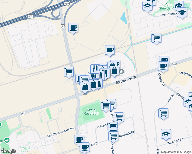 map of restaurants, bars, coffee shops, grocery stores, and more near 19 Bessemer Court in Vaughan