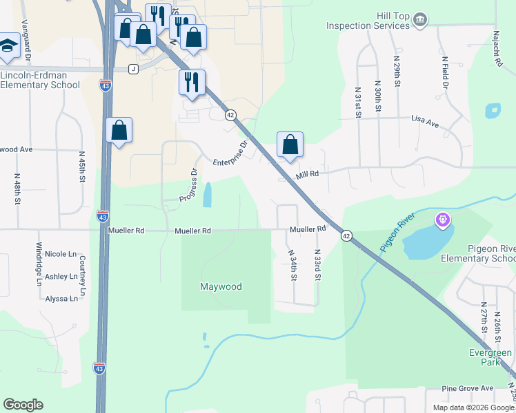 map of restaurants, bars, coffee shops, grocery stores, and more near 3528 Mueller Road in Sheboygan