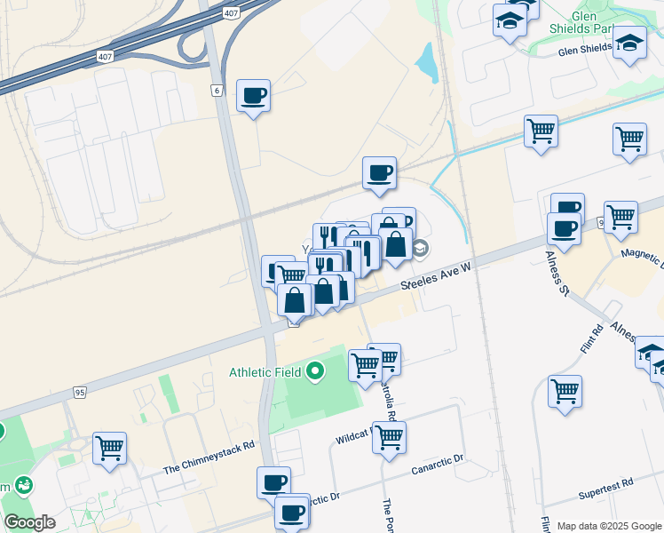 map of restaurants, bars, coffee shops, grocery stores, and more near 19 Bessemer Court in Vaughan