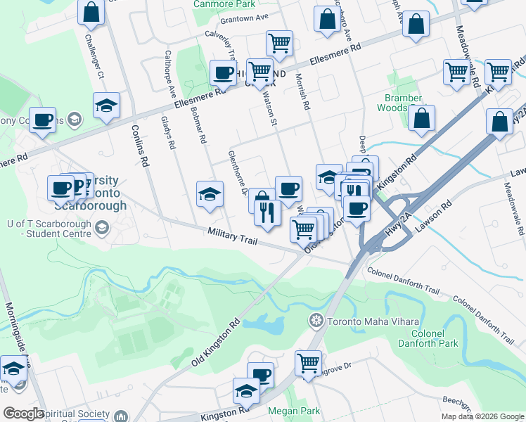 map of restaurants, bars, coffee shops, grocery stores, and more near 20 Thomas Avenue in Toronto