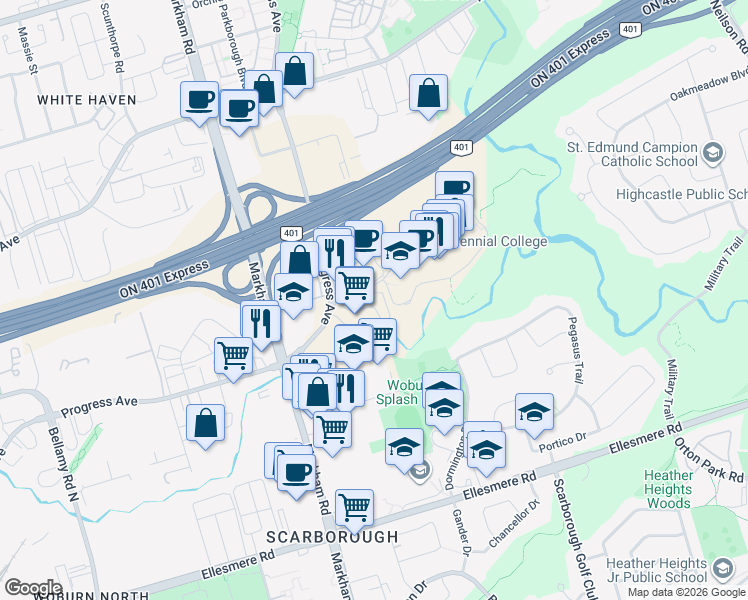 map of restaurants, bars, coffee shops, grocery stores, and more near 931 Progress Avenue in Toronto