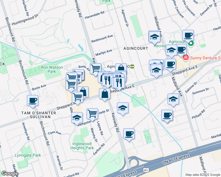 map of restaurants, bars, coffee shops, grocery stores, and more near in Toronto