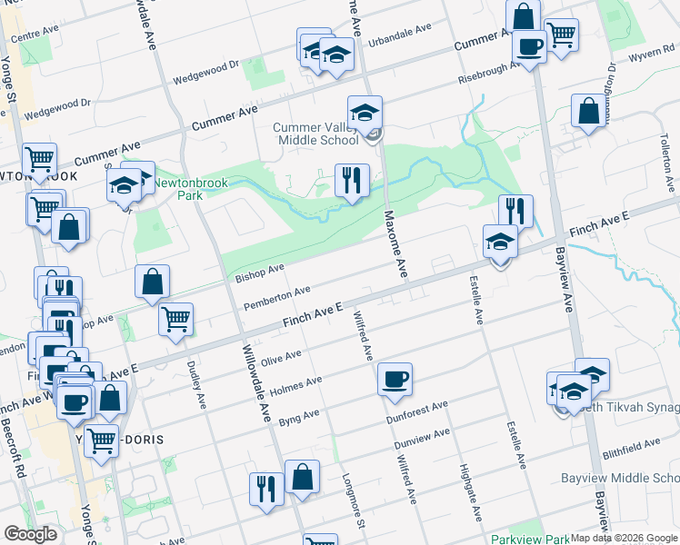map of restaurants, bars, coffee shops, grocery stores, and more near 192 Pemberton Avenue in Toronto