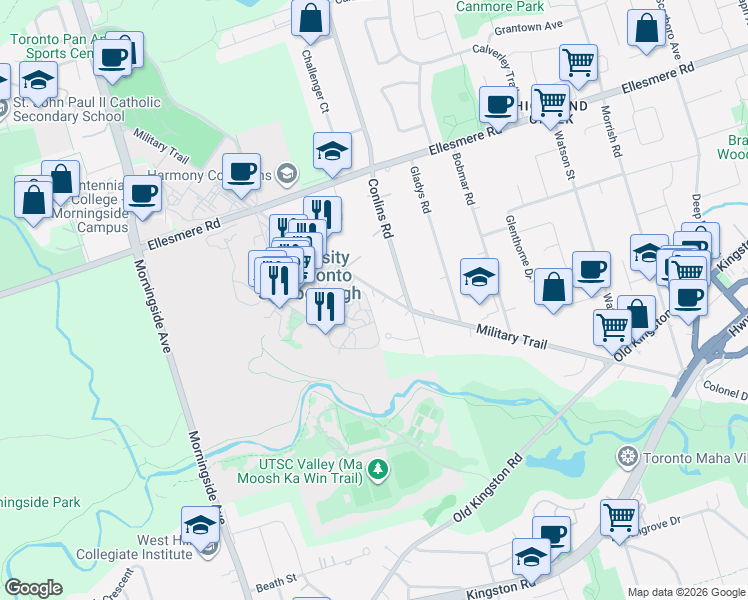 map of restaurants, bars, coffee shops, grocery stores, and more near in Toronto