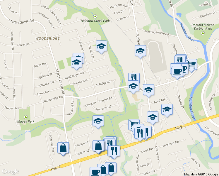 map of restaurants, bars, coffee shops, grocery stores, and more near 438 Woodbridge Avenue in Vaughan